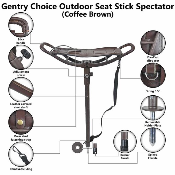 Adjustable Leather Walking Coffee Brown Stick Folding Seat Outdoor adventure - Picture 14 of 15